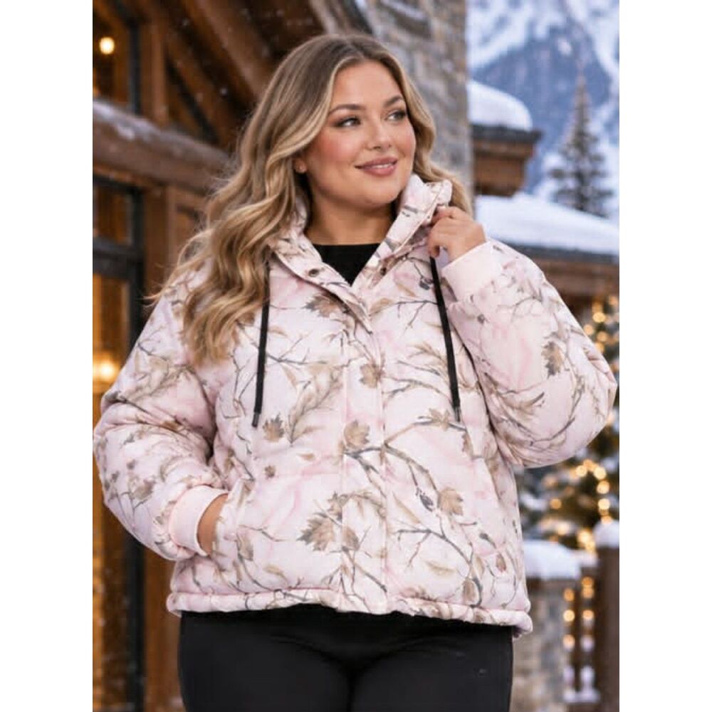NWT Size 1X Fashion Nova Pink Camo Floral Puffer Jacket